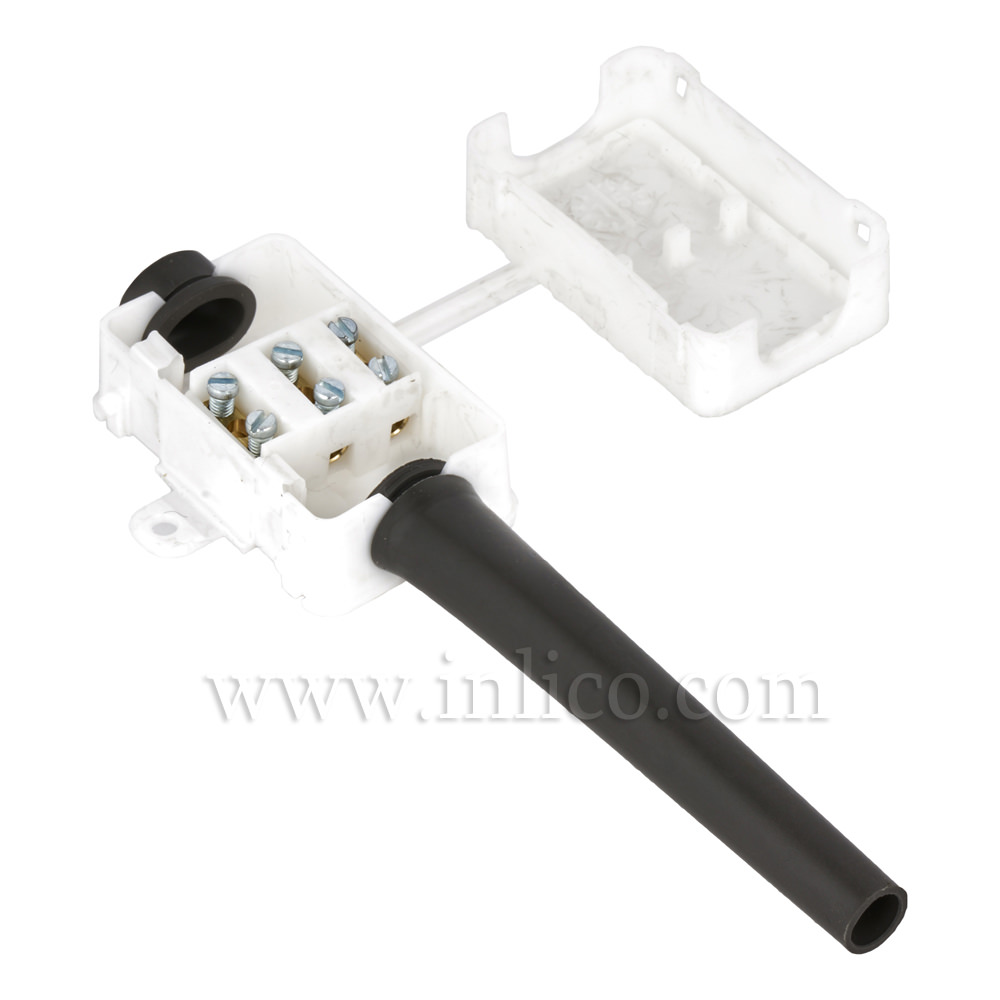 3 WAY INSULATED CONNECTOR BOX WITH NO CORDGRIPS AND ONE LONG AND ONE SHORT SLEEVE TO IP44 STANDARD (SPLASH PROOF) TO STANDARDS EN60670-22:2015+A1 ISET301)