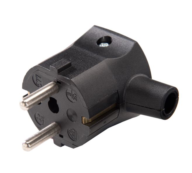 RIGHT ANGLED ENTRY SCHUKO PLUG BLACK REWIREABLE CEE 7/4 AND CEE 7/7 (TYPE E AND TYPE F) 
C/W SLEEVE