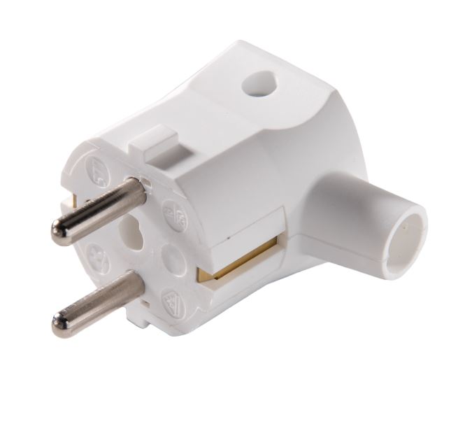 RIGHT ANGLED ENTRY SCHUKO PLUG WHITE REWIREABLE CEE 7/4 AND CEE 7/7 (TYPE E AND TYPE F) 
C/W SLEEVE