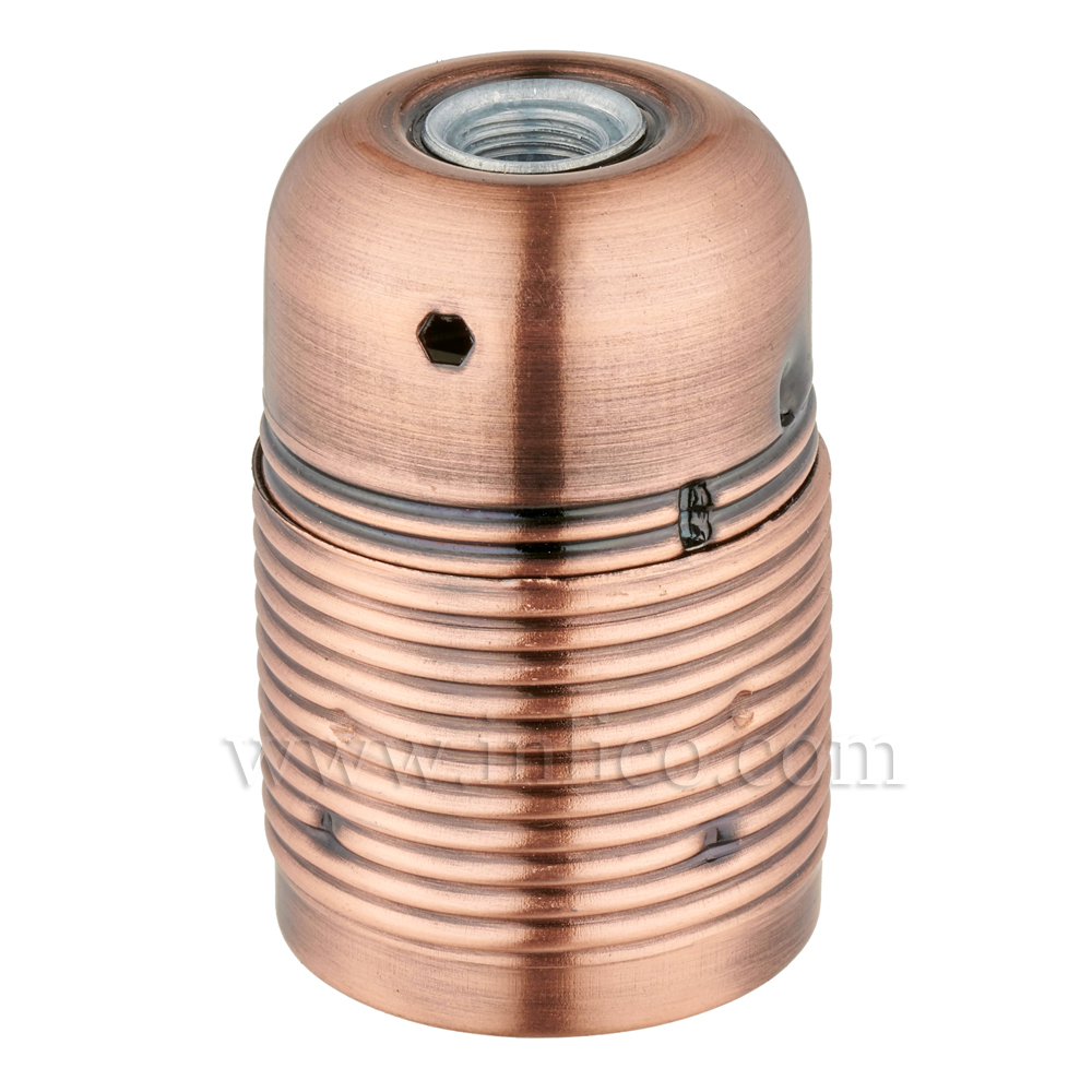 FULLY THREADED SKIRT E27 METAL LAMPHOLDER ANTIQUE COPPER FINISH  WITH EARTHED CERAMIC INSERT
APPROVAL ENEC05 TO BS EN 60238:2018:2004