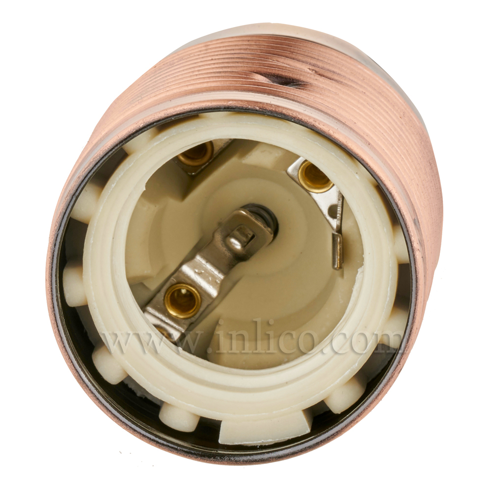 FULLY THREADED SKIRT E27 METAL LAMPHOLDER BRIGHT COPPER FINISH  WITH EARTHED CERAMIC INSERT
APPROVAL ENEC05 TO BS EN 60238:2018:2004