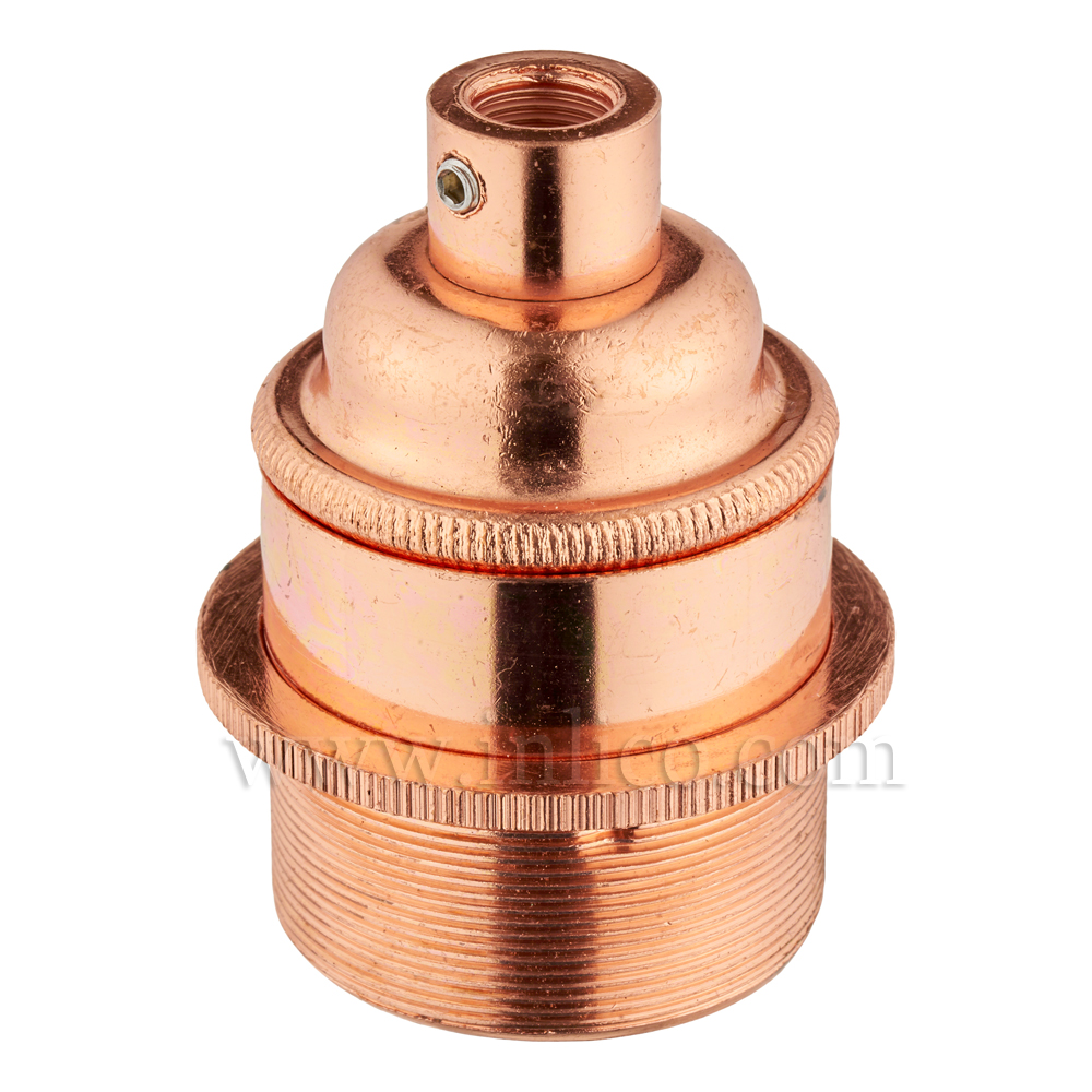 E27 BRASS BRIGHT COPPER PLATED LAMPHOLDER FULLY THREADED SKIRT M10 X 1 ENTRY WITH EARTH + 1 BRIGHT COPPER PLATED BRASS SHADE RING  EN 60238:2004 + C11:2005 +A1:2008