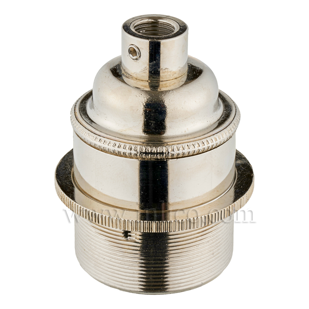 E27 BRASS NICKEL PLATED LAMPHOLDER FULLY THREADED SKIRT M10 X 1 ENTRY WITH EARTH + 1 NICKEL PLATED BRASS SHADE RING EN 60238:2004 + C11:2005 +A1:2008