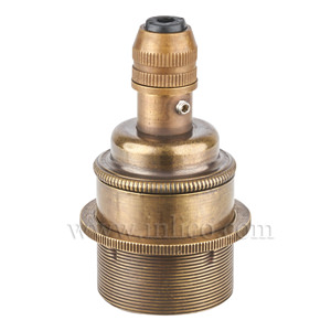 E27 BRASS OLD ENGLISH ANTIQUE LAMPHOLDER FULLY THREADED SKIRT M10 X 1 ENTRY WITH EARTH + 1 OLD ENGLISH BRASS SHADE RING EN 60238:2004 + C11:2005 +A1:2008 + OLD ENGLISH COMPRESSION CORDGRIP (UNASSEMBLED)