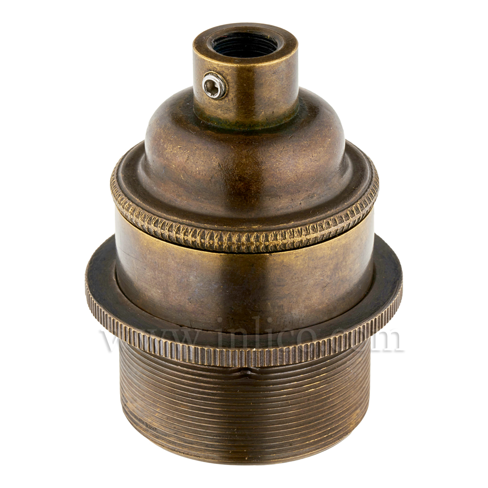 E27 BRASS OLD ENGLISH ANTIQUE LAMPHOLDER FULLY THREADED SKIRT M10 X 1 ENTRY WITH EARTH + 1 OLD ENGLISH BRASS SHADE RING EN 60238:2004 + C11:2005 +A1:2008
