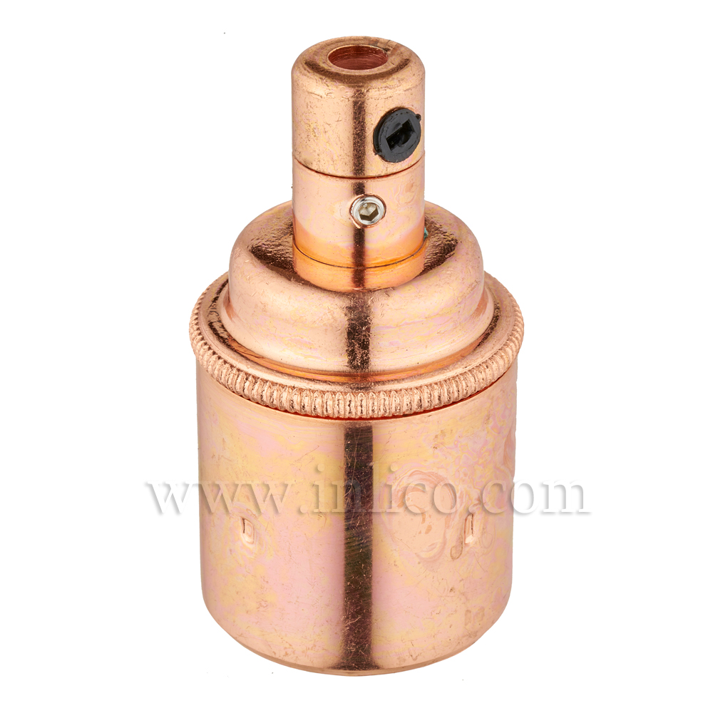 E27 BRASS BRIGHT COPPER PLATED LAMPHOLDER PLAIN SKIRT M10 X 1 ENTRY WITH EARTH EN 60238:2004 + C11:2005 +A1:2008 + 5.706.A.COPPER SIDE LOCKING CORDGRIP (SEPARATE)