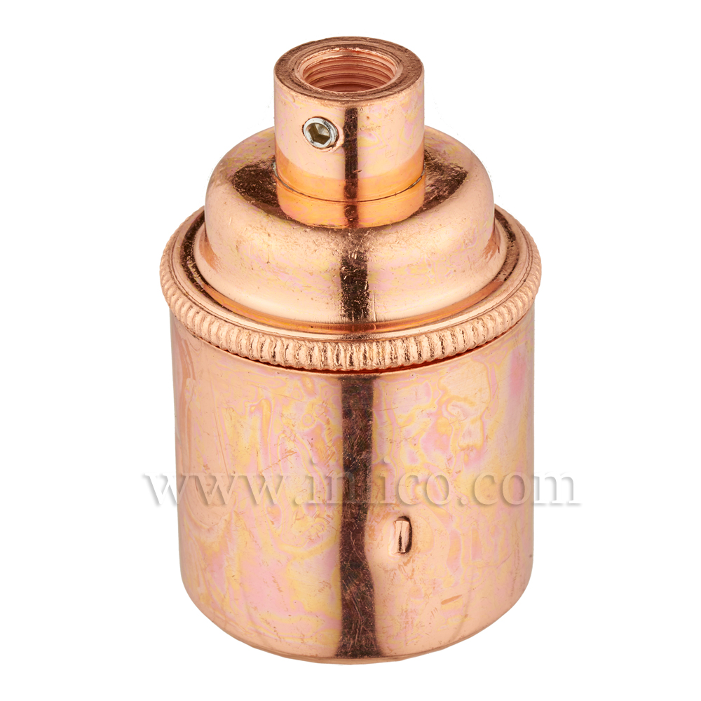 E27 BRASS BRIGHT COPPER PLATED LAMPHOLDER PLAIN SKIRT M10 X 1 ENTRY WITH EARTH EN 60238:2004 + C11:2005 +A1:2008