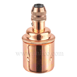 E27 BRASS BRIGHT COPPER PLATED LAMPHOLDER PLAIN SKIRT M10 X 1 ENTRY WITH EARTH EN 60238:2004 + C11:2005 +A1:2008 + COPPER PLATED COMPRESSION CORDGRIP (SEPARATE)