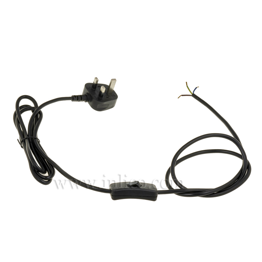 BLACK 2.5MT INLINE CORD SET - SWITCH 1.5MT FROM PLUG END - 3 X.75 BLACK CABLE + 3A FUSED BLACK MOULDED PLUG. CABLE 2183Y VDE APPROVED. PLUG TO BS 1363-1:2006+A1:2018
