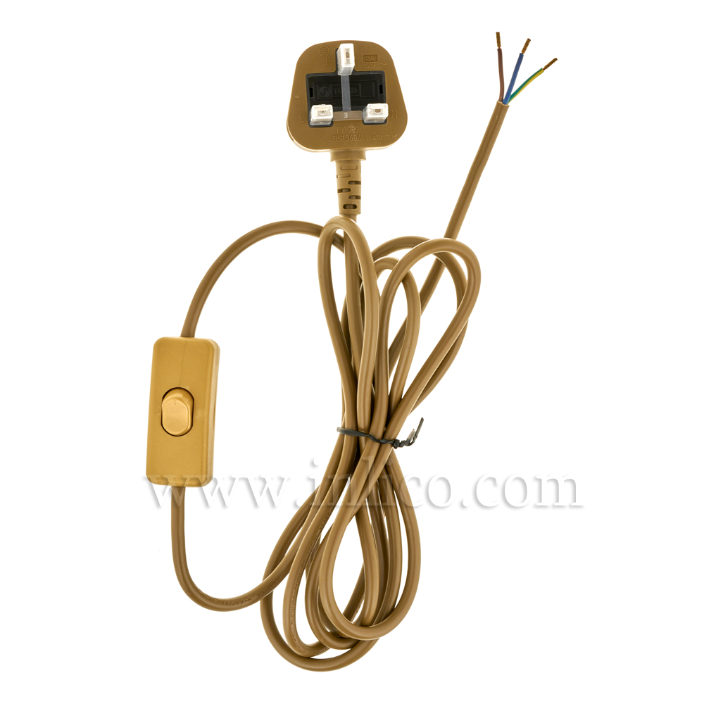 GOLD BRONZE 2.5MT INLINE CORD SET - SWITCH 1.5MT FROM PLUG END - 3 X.75 GOLD CABLE + 3A FUSED GOLD MOULDED PLUG. CABLE 2183Y VDE APPROVED. PLUG TO BS 1363-1:2006+A1:2018