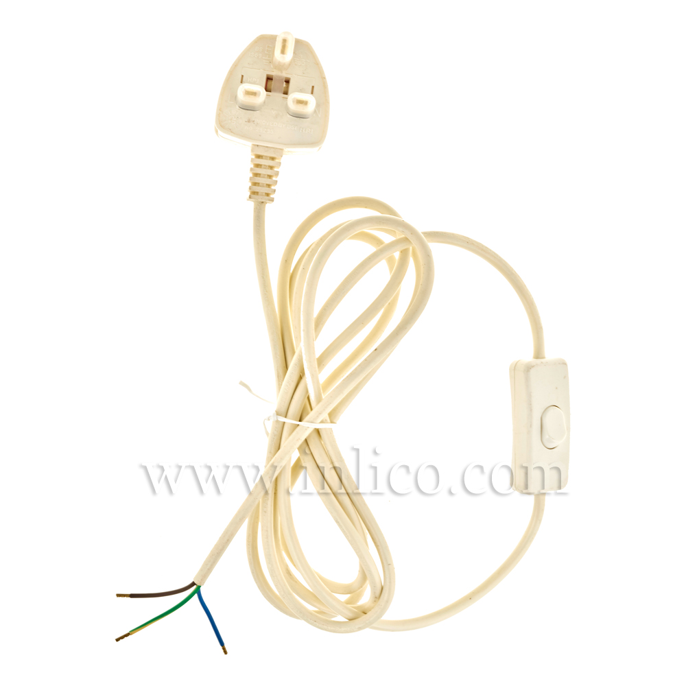 INLINE CORD SET 0.80/1.7M 2.5MT 3 X.75MM OFF WHITE CABLE + 3A FUSED WHITE SEALED PLUG. CABLE 2183Y BS5025:2011 HARMONISED HO3VV-F. PLUG BS 1363-1:2006+A1:2018 + ASTA