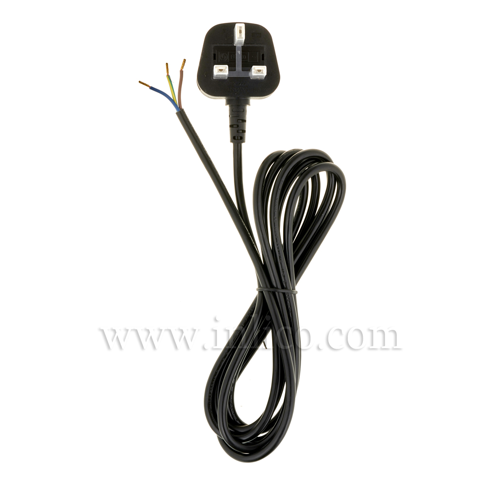 2.5 MT PLUGLEAD 2192Y X .75MM 2 CORE FLAT CABLE BLACK WITH BLACK UK 3A FUSED MOULDED PLUG. CABLE IS APPROVED TO BS5025:2011 HARMONISED HO3VV-F. FREE END BOOTLACED. PLUG BS 1363 ASTA APPROVED