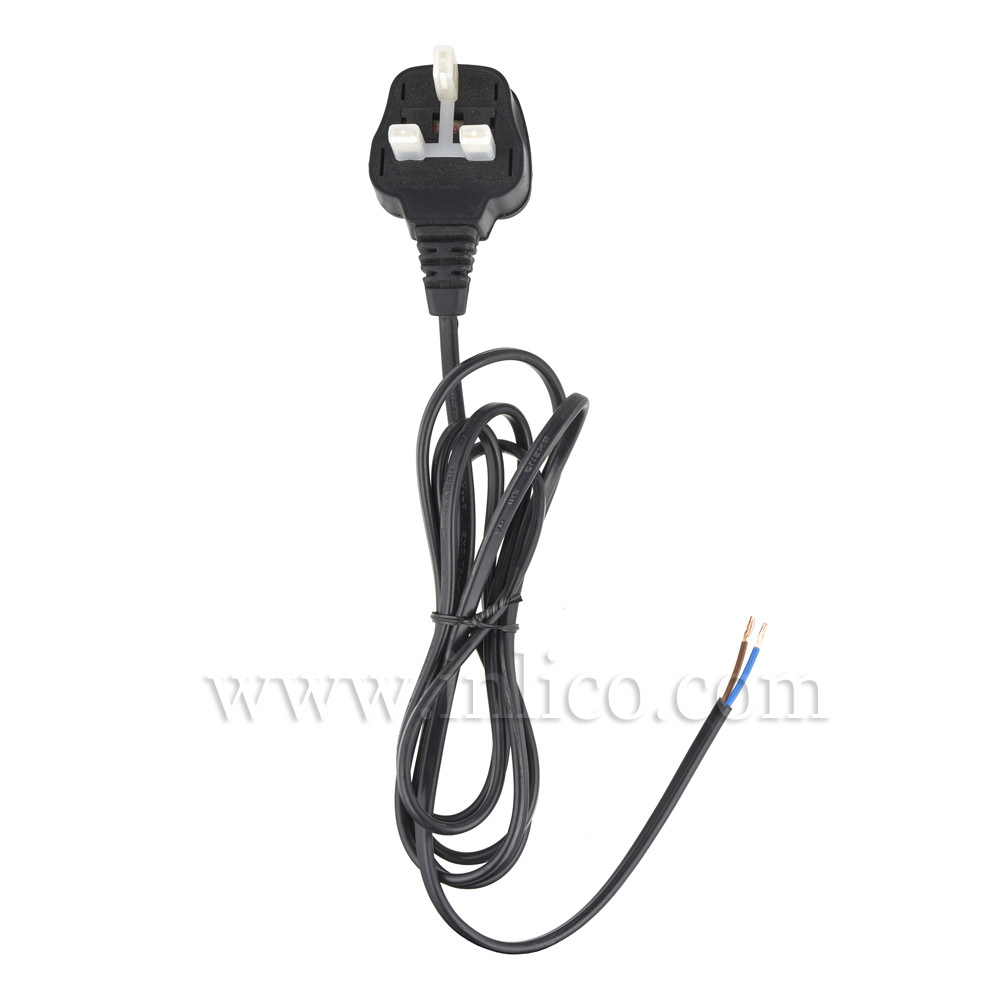 2.5 MT PLUGLEAD 2192Y X .75MM 2 CORE FLAT CABLE BLACK WITH BLACK UK 3A FUSED MOULDED PLUG. CABLE IS APPROVED TO BS5025:2011 HARMONISED  HO3VVH2-F. FREE END BOOTLACED. PLUG BS 1363 ASTA APPROVED