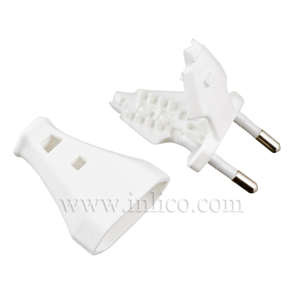 2 AMP EURO PLUG WHITE FOR FLAT/OVAL FLEX WITH SLIDE FIT BODY TO 
CEE 7/16 EN50075