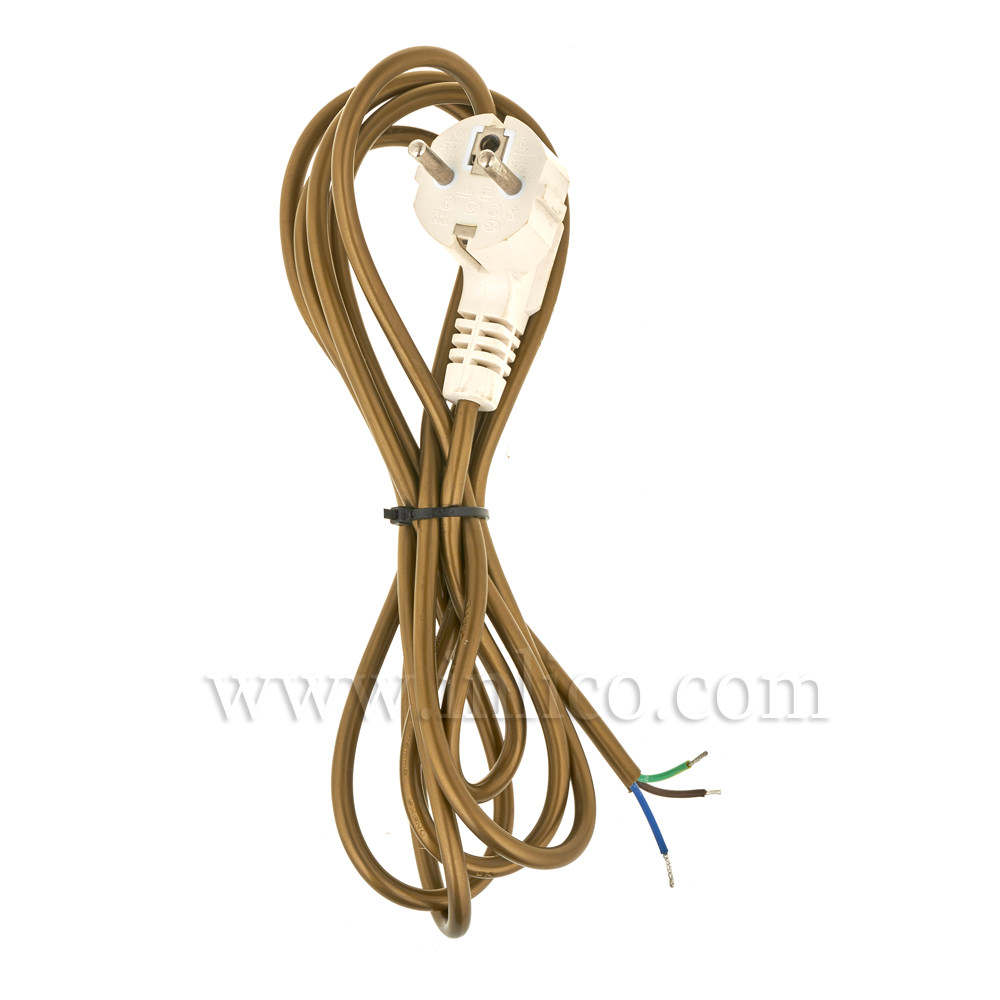 EARTHED SCHUKO PLUG WITH 2.5 MT 3 X .75MM GOLD CABLE.R/A WHITE MOULDED PLUG IS VDE APPROVED AND CABLE IS BS5025:2011 HARMONISED HO3VV-F