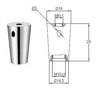 CEILING ATTACHMENT FOR SUSPENSION CLUTCH NICKEL PLATED BRASS CONICAL CROSS SECTION 18MM TOP OD X 14.5MM BOTTOM OD WITH M10X1 THREAD. M6 X 1 THREADED TOP FIXING HOLE. OAL 28MM. 3MM DIA. EXIT HOLE FOR SUSPENSION CABLE