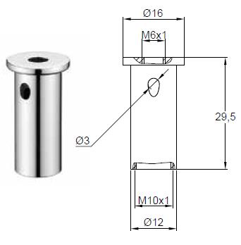 CEILING ATTACHMENT FOR SUSPENSION CLUTCH NICKEL PLATED BRASS CYLINDRICAL CROSS SECTION 16MM TOP OD X 12MM BOTTOM OD X 29.5MM WITH M10X1 THREAD M6X1 THREADED TOP FIXING HOLE AND 3MM EXIT HOLE FOR SUSPENSION CABLE