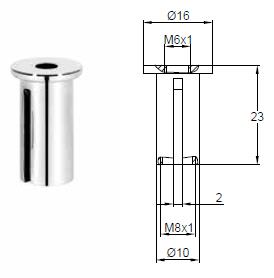 CEILING ATTACHMENT FOR SUSPENSION CLUTCH NICKEL PLATED BRASS CYLINDRICAL CROSS SECTION 16MM TOP OD 10MM BOTTOM OD X 23MM OAL WITH M8X1 THREAD M6x1 THREADED TOP FIXING HOLE AND 2MM SLOT FOR SUSPENSION CABLE