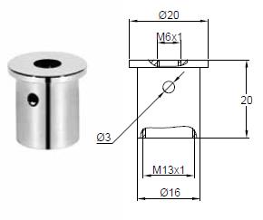 CEILING ATTACHMENT FOR SUSPENSION CLUTCH NICKEL PLATED BRASS CYLINDRICAL CROSS SECTION 20MM TOP OD X 16MM BOTTOM OD X 20MM WITH M13X1 THREAD M6 X 1 THREADED TOP FIXING HOLE AND 3MM DIA EXIT HOLE FOR SUSPENSION CABLE