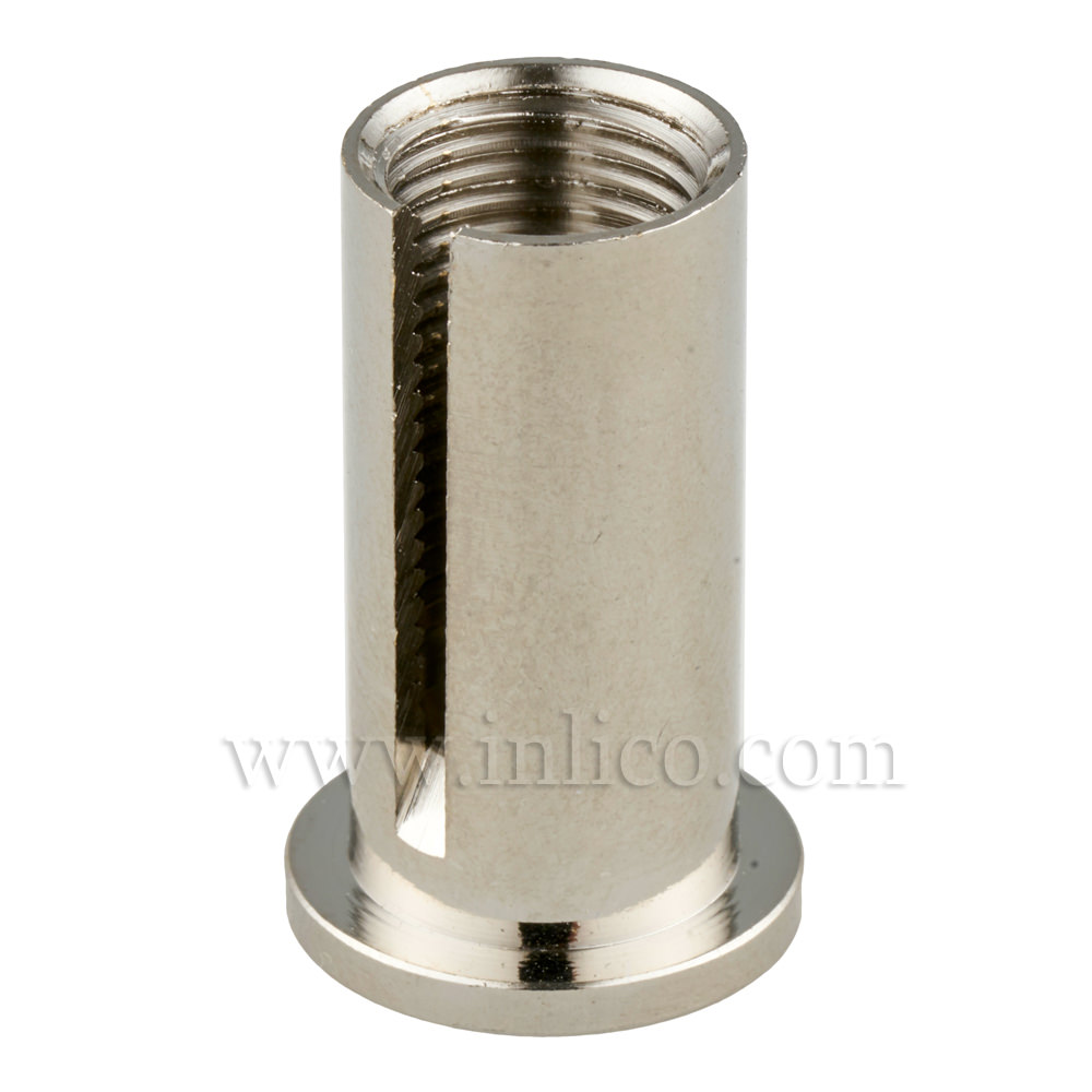 CEILING ATTACHMENT FOR SUSPENSION CLUTCH NICKEL PLATED BRASS CYLINDRICAL CROSS SECTION 16MM TOP OD 12MM BOTTOM OD X 26MM OAL WITH M10X1 THREAD AND 2MM SLOT FOR SUSPENSION CABLE.