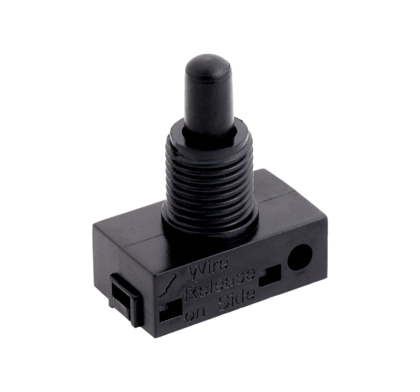 PRESS SWITCH WITH BLACK BUTTON 11MM BEZEL 9MM THREAD LENGTH PUSH FIT TERMINALS ENEC05 CERTIFIED EN60518-1:2018